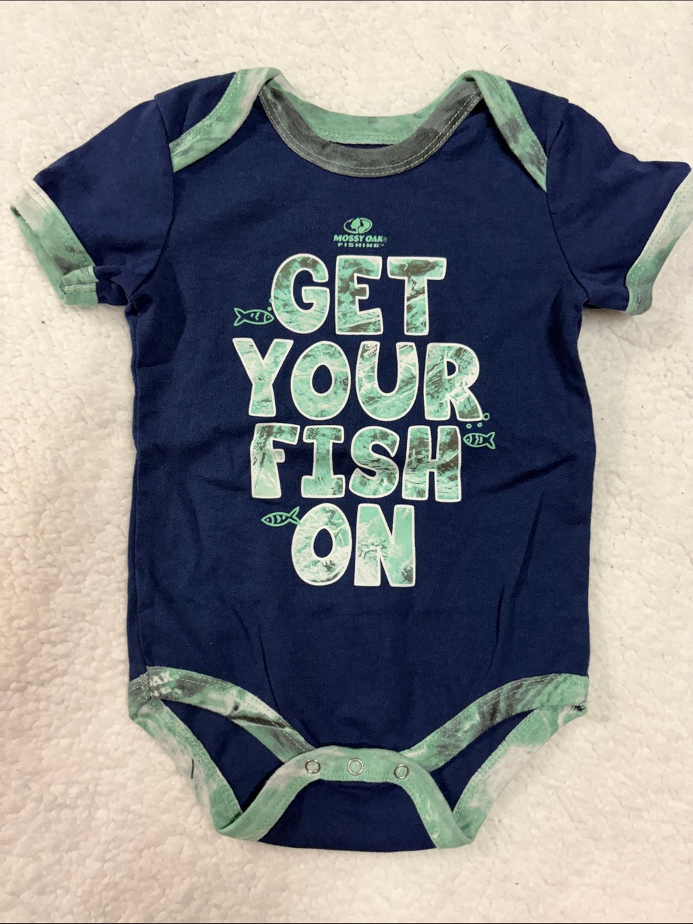 Mossy Oak 6-9 month Navy and Green Baby Fishing Onesie